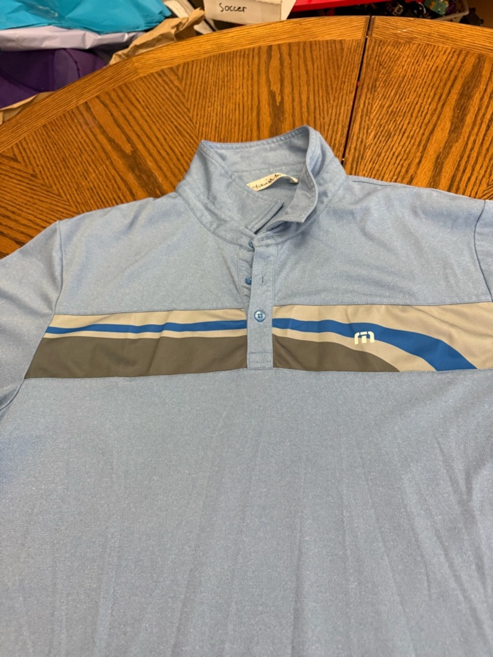 Travis Mathew Light Blue Polo with Gray and Navy Chest Stripes - Picture 4 of 7